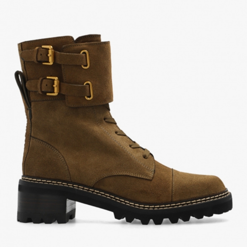 NWT$525 See by Chloe Mallory Leather Buckle Strap Ankle Combat Boots Sz 37.5 - Picture 12 of 12